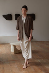 Half-Sleeve Linen Blazer with Minimalist Tailoring in Rich Brown for Elevated Casual Looks