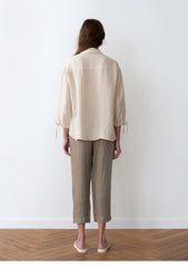 Tapered Cropped Linen Pants With Front Pleats And Elastic Back Waistband For Comfort