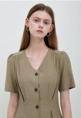 Elegant Button-Front Linen Midi Dress with Flattering Pleats and Feminine Silhouette