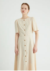 Short Sleeve Button-Down Linen Midi Dress with Flared Hem and Adjustable Waist Tie