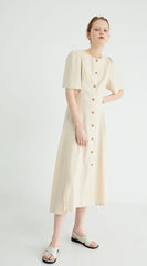 Short Sleeve Button-Down Linen Midi Dress with Flared Hem and Adjustable Waist Tie