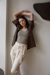 Half-Sleeve Linen Blazer with Minimalist Tailoring in Rich Brown for Elevated Casual Looks
