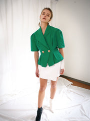 Structured Linen Blazer With Puff Sleeves, Oversized Lapels, And Pleated Waist Detail