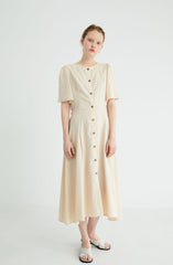 Short Sleeve Button-Down Linen Midi Dress with Flared Hem and Adjustable Waist Tie