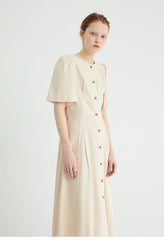Short Sleeve Button-Down Linen Midi Dress with Flared Hem and Adjustable Waist Tie