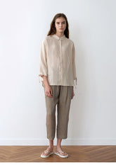 Tapered Cropped Linen Pants With Front Pleats And Elastic Back Waistband For Comfort