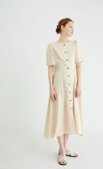 Short Sleeve Button-Down Linen Midi Dress with Flared Hem and Adjustable Waist Tie