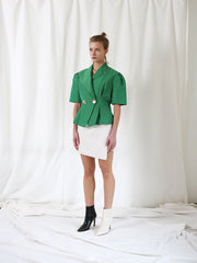 Structured Linen Blazer With Puff Sleeves, Oversized Lapels, And Pleated Waist Detail