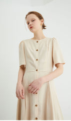 Short Sleeve Button-Down Linen Midi Dress with Flared Hem and Adjustable Waist Tie