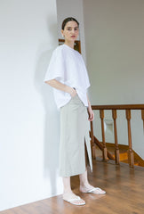 High-Waisted A-Line Midi Skirt in Breathable Linen Fabric with Front Slit Detail
