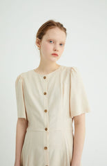 Short Sleeve Button-Down Linen Midi Dress with Flared Hem and Adjustable Waist Tie