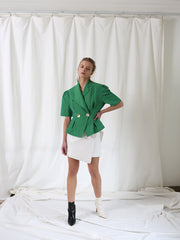 Structured Linen Blazer With Puff Sleeves, Oversized Lapels, And Pleated Waist Detail