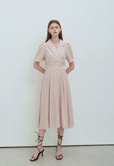 Elegant V-Neck Linen Midi Dress with Button Front and Flattering Pleated Silhouette