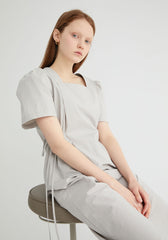 Short Sleeve Cotton Poplin Midi Dress with Square Neckline and Adjustable Side Drawstrings