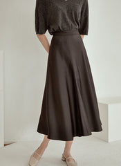 Elegant High-Waisted A-Line Midi Skirt Made from Flowing Pure Silk Fabric for Women