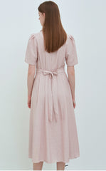 Elegant V-Neck Linen Midi Dress with Button Front and Flattering Pleated Silhouette