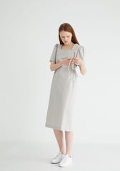 Short Sleeve Cotton Poplin Midi Dress with Square Neckline and Adjustable Side Drawstrings