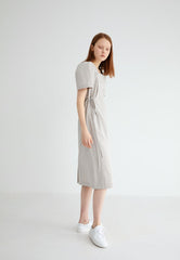 Short Sleeve Cotton Poplin Midi Dress with Square Neckline and Adjustable Side Drawstrings