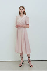 Elegant V-Neck Linen Midi Dress with Button Front and Flattering Pleated Silhouette