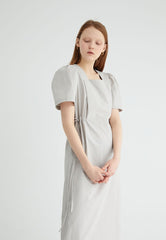 Short Sleeve Cotton Poplin Midi Dress with Square Neckline and Adjustable Side Drawstrings