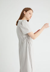 Short Sleeve Cotton Poplin Midi Dress with Square Neckline and Adjustable Side Drawstrings