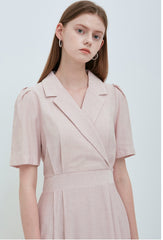 Elegant V-Neck Linen Midi Dress with Button Front and Flattering Pleated Silhouette