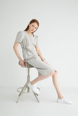 Short Sleeve Cotton Poplin Midi Dress with Square Neckline and Adjustable Side Drawstrings