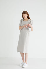Short Sleeve Cotton Poplin Midi Dress with Square Neckline and Adjustable Side Drawstrings