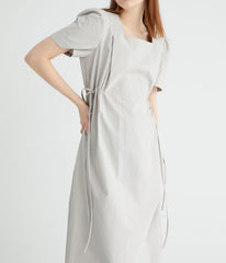 Short Sleeve Cotton Poplin Midi Dress with Square Neckline and Adjustable Side Drawstrings