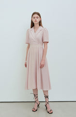 Elegant V-Neck Linen Midi Dress with Button Front and Flattering Pleated Silhouette