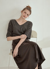 Elegant High-Waisted A-Line Midi Skirt Made from Flowing Pure Silk Fabric for Women