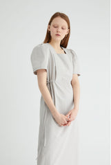Short Sleeve Cotton Poplin Midi Dress with Square Neckline and Adjustable Side Drawstrings