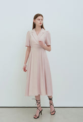 Elegant V-Neck Linen Midi Dress with Button Front and Flattering Pleated Silhouette