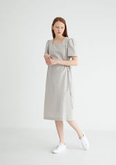 Short Sleeve Cotton Poplin Midi Dress with Square Neckline and Adjustable Side Drawstrings