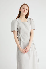 Short Sleeve Cotton Poplin Midi Dress with Square Neckline and Adjustable Side Drawstrings
