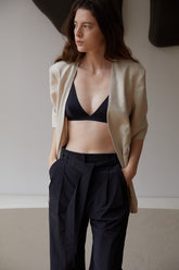 Natural Linen Blouse with Elbow-Length Sleeves and Open Front for Effortless Layering