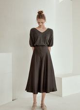 Elegant High-Waisted A-Line Midi Skirt Made from Flowing Pure Silk Fabric for Women