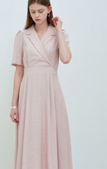 Elegant V-Neck Linen Midi Dress with Button Front and Flattering Pleated Silhouette