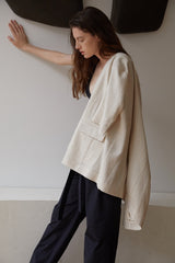 Natural Linen Blouse with Elbow-Length Sleeves and Open Front for Effortless Layering