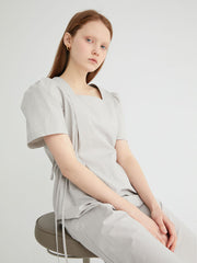 Short Sleeve Cotton Poplin Midi Dress with Square Neckline and Adjustable Side Drawstrings