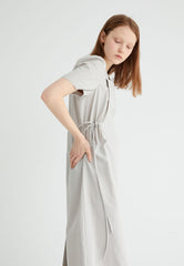 Short Sleeve Cotton Poplin Midi Dress with Square Neckline and Adjustable Side Drawstrings