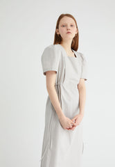 Short Sleeve Cotton Poplin Midi Dress with Square Neckline and Adjustable Side Drawstrings