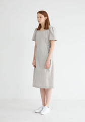 Short Sleeve Cotton Poplin Midi Dress with Square Neckline and Adjustable Side Drawstrings