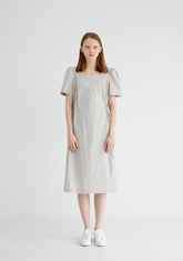 Short Sleeve Cotton Poplin Midi Dress with Square Neckline and Adjustable Side Drawstrings