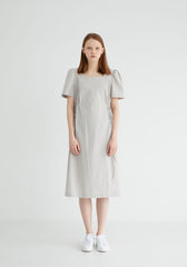 Short Sleeve Cotton Poplin Midi Dress with Square Neckline and Adjustable Side Drawstrings