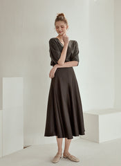 Elegant High-Waisted A-Line Midi Skirt Made from Flowing Pure Silk Fabric for Women