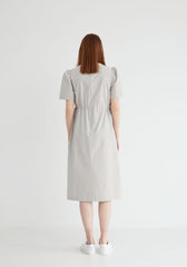 Short Sleeve Cotton Poplin Midi Dress with Square Neckline and Adjustable Side Drawstrings