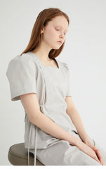 Short Sleeve Cotton Poplin Midi Dress with Square Neckline and Adjustable Side Drawstrings