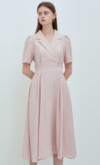 Elegant V-Neck Linen Midi Dress with Button Front and Flattering Pleated Silhouette