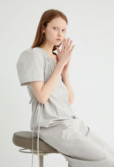 Short Sleeve Cotton Poplin Midi Dress with Square Neckline and Adjustable Side Drawstrings